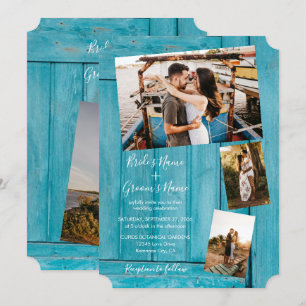 Rustic Blue Wood 4 Photos Wedding Invitations