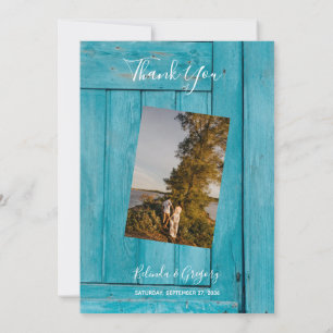 Rustic Blue Wood 4 Photos Wedding Thank You Card
