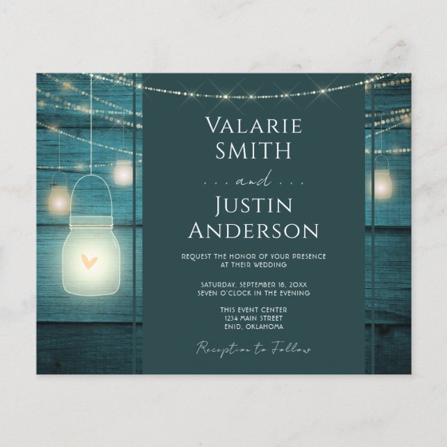 Rustic Blue Wood and Jar Light Wedding Invitation Flyer (Front)