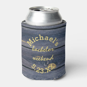 Rustic Blue Wood   Bachelor Weekend Monogram Can Cooler