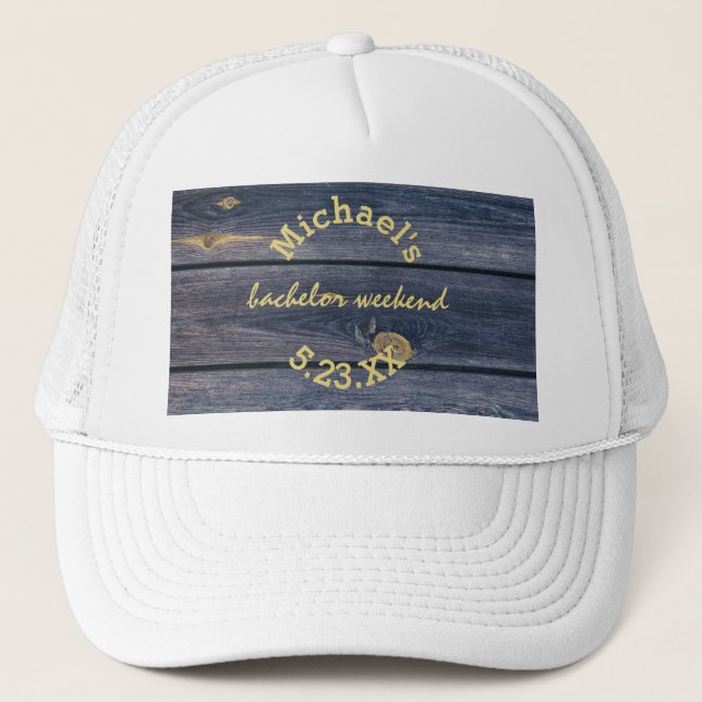 Rustic Blue Wood | Bachelor Weekend Monogram Trucker Hat (Front)