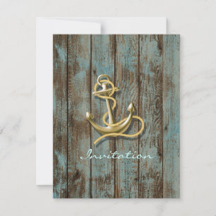 Rustic blue wood beach anchor nautical wedding invitation