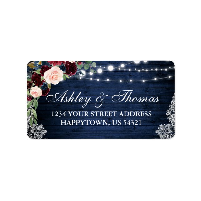 Rustic Blue Wood Burgundy Blue Floral Address Label (Front)