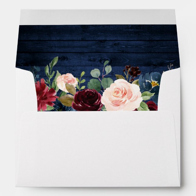 Rustic Blue Wood Burgundy Blue Floral Invitation Envelope (Back (Bottom))