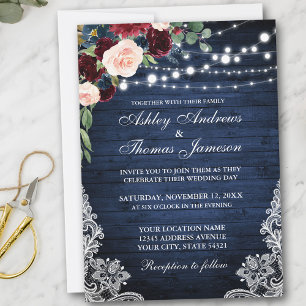 Rustic Blue Wood Burgundy Blue Floral Wedding Invitation