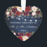 Rustic Blue Wood Burgundy Floral Lights Christmas Ornament<br><div class="desc">Rustic Blue Wood,  Watercolor Burgundy Marsala Floral,  Our First Christmas as Mr. and Mrs. Personalised Heart Wedding Ornament with String Lights</div>
