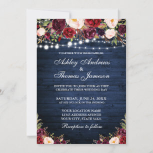 Rustic Blue Wood Burgundy Floral Lights Wedding Invitation