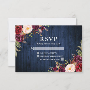 Rustic Blue Wood Burgundy Floral Wedding RSVP Card