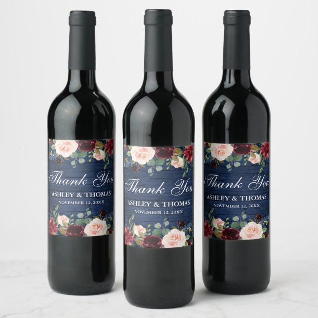 Rustic Blue Wood Burgundy Floral Wedding Thank You Wine Label (Bottles)
