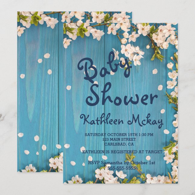 Rustic Blue wood Cherry Blossom Spring Baby Shower Invitation (Front/Back)