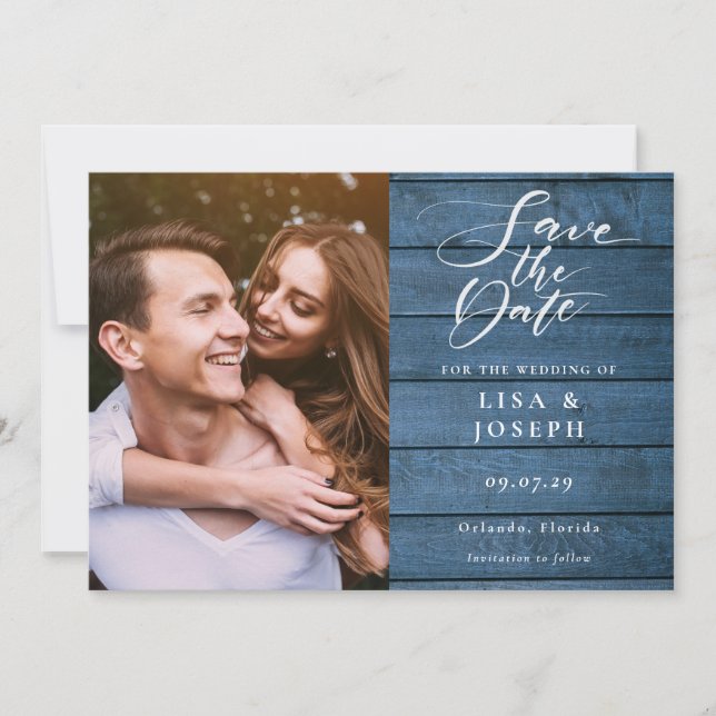Rustic Blue Wood Elegant Script Photo Wedding Save The Date (Front)