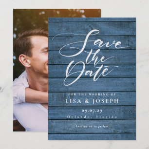Rustic Blue Wood Elegant Script Photo Wedding Save The Date