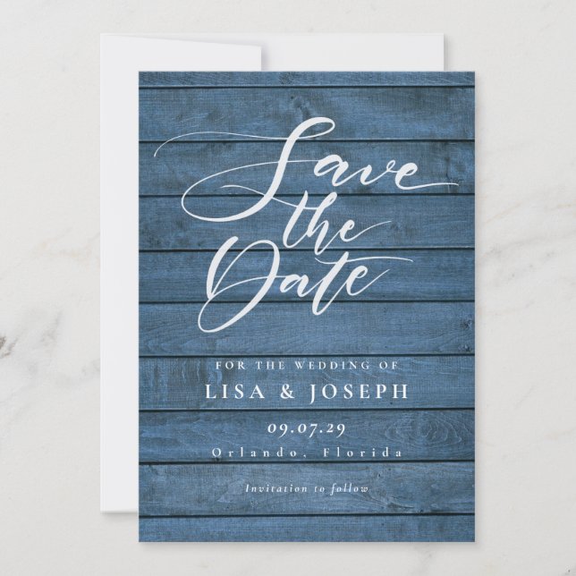Rustic Blue Wood Elegant Script Wedding Save The Date (Front)