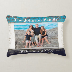Rustic Blue Wood Family Name Photo Decorative Cushion