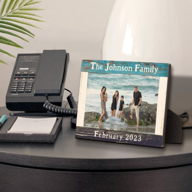 Rustic Blue Wood Family Name Photo Frame (Photo frame with name and image of family vacation, on a side table)