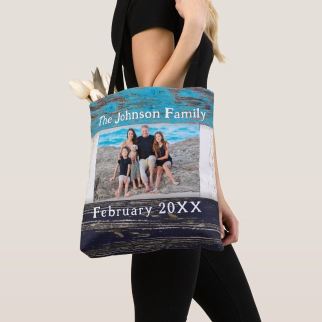 Rustic Blue Wood Family Name Photo Frame Tote Bag (Close Up)