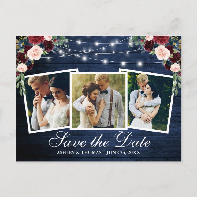 Rustic Blue Wood Floral 3 Photo Save The Date Invitation Postcard (Front)