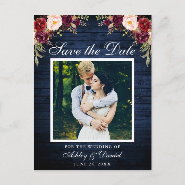 Rustic Blue Wood Floral Burgundy Save the Date Announcement Postcard (Front)