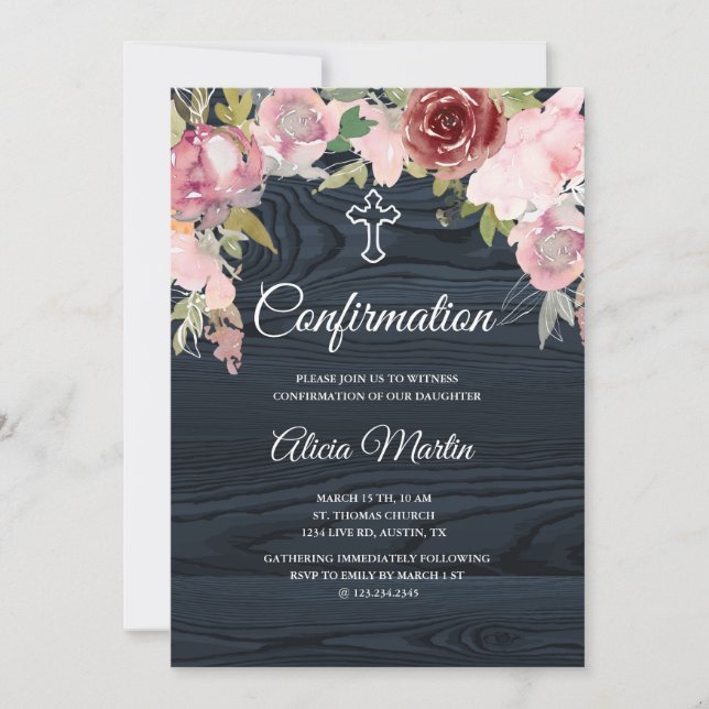 Rustic blue wood floral confirmation invitation (Front)