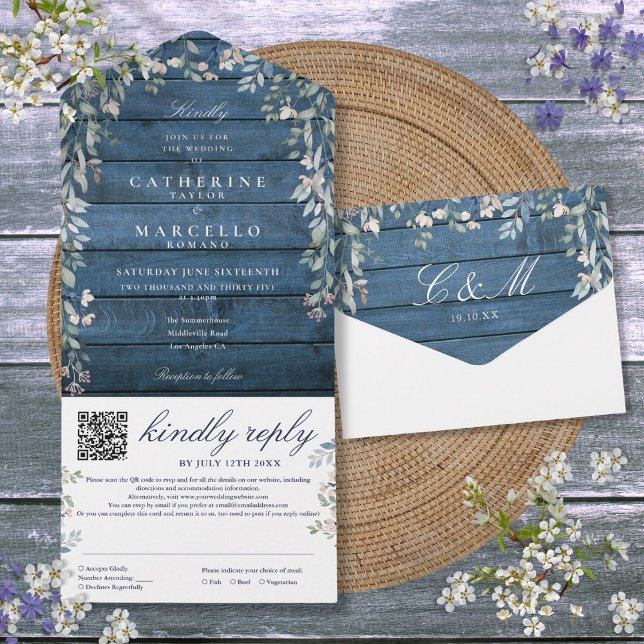 Rustic Blue Wood Floral Greenery QR Code Wedding All In One Invitation (Rustic Blue Wood Floral Greenery QR Code Wedding All In One Invitation)
