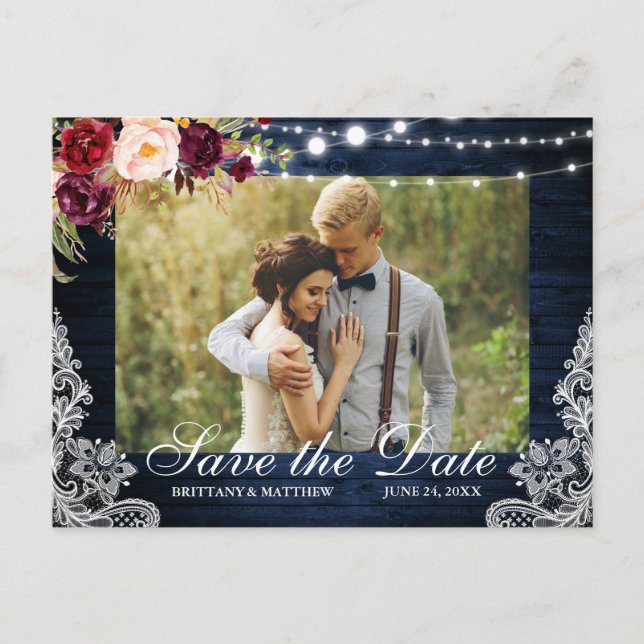 Rustic Blue Wood Floral Lights Lace Save the Date Postcard (Front)