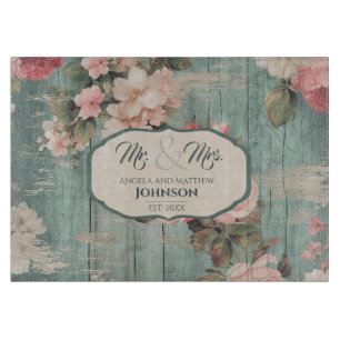 Rustic Blue Wood Floral Personalised Wedding Gift Cutting Board