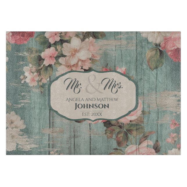 Rustic Blue Wood Floral Personalised Wedding Gift Cutting Board (Front)
