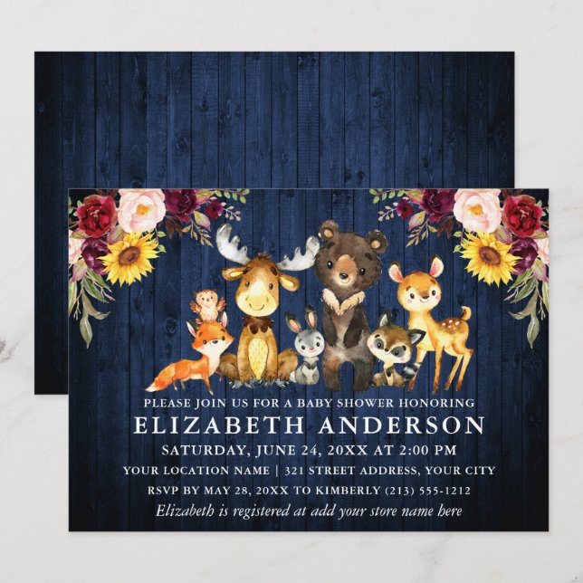Rustic Blue Wood Flowers Woodland Animals Shower Invitation (Front/Back)