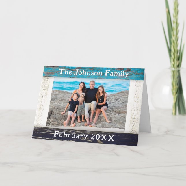 Rustic Blue Wood Frame Family Name Photo Card (Front)