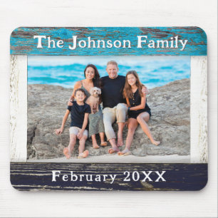 Rustic Blue Wood Frame Family Name Photo Mouse Mat