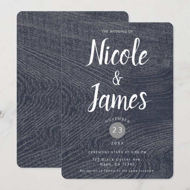 Rustic Blue Wood Grain Minimal Modern Barn Wedding Invitation (Front/Back)