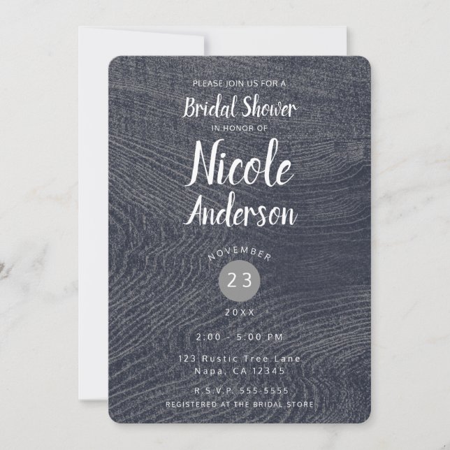 Rustic Blue Wood Grain Modern Barn Bridal Shower Invitation (Front)