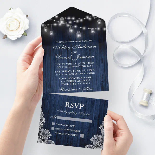 Rustic Blue Wood Jar Lights Lace Wedding All In One Invitation | Zazzle