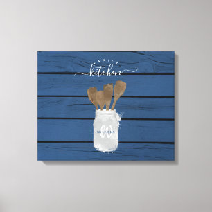 Rustic Blue Wood Jar Spoon Family Kitchen Decor
