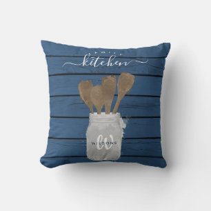 Rustic Blue Wood Jar Spoon Family Kitchen Decor Cushion