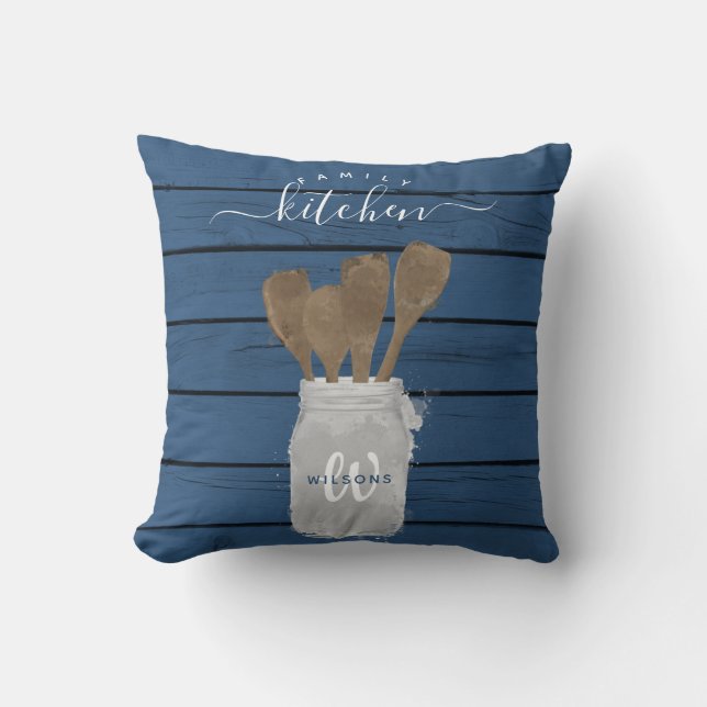 Rustic Blue Wood Jar Spoon Family Kitchen Decor  Cushion (Front)