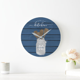 Rustic Blue Wood Jar Spoon Family Kitchen Decor Large Clock