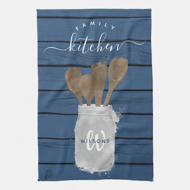 Rustic Blue Wood Jar Spoon Family Kitchen Tea Towel (Vertical)