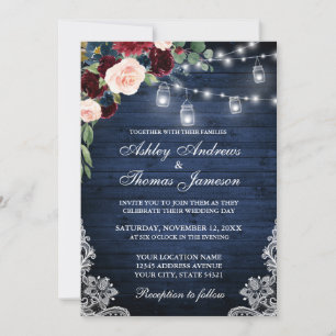 Rustic Blue Wood Jars Burgundy Blue Floral Wedding Invitation