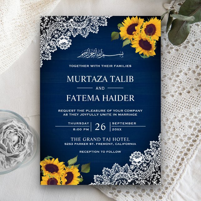Rustic Blue Wood Lace Sunflower Muslim Wedding Invitation (Creator Uploaded)