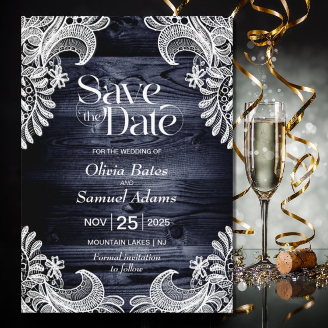 Rustic Blue Wood Lace Wedding Save The Date (Creator Uploaded)