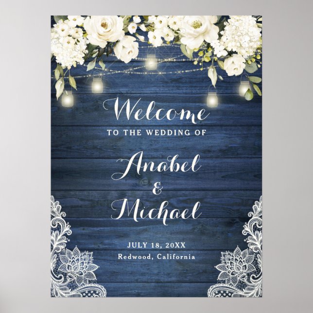 Rustic Blue Wood Lace White Flower Welcome Sign (Front)