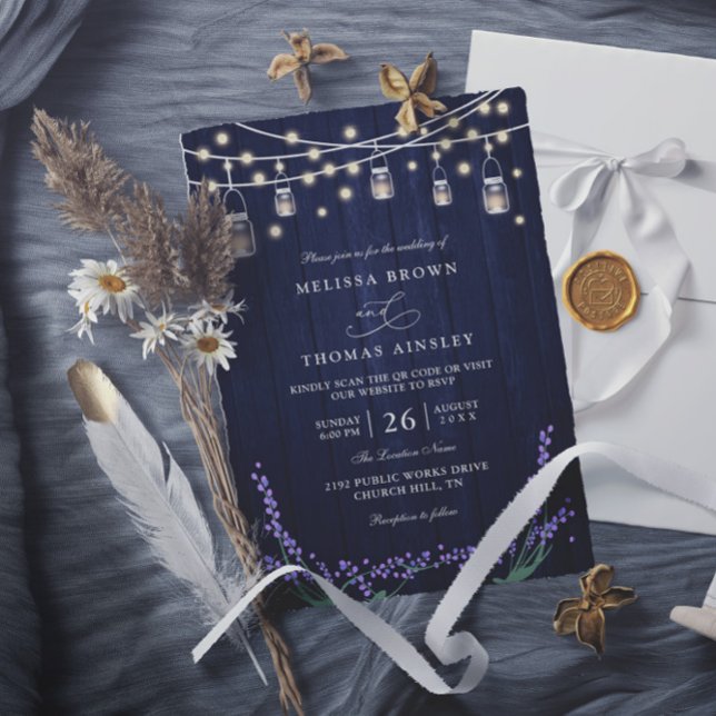 Rustic Blue Wood Lavender Elegant QR Code Wedding Invitation (Creator Uploaded)