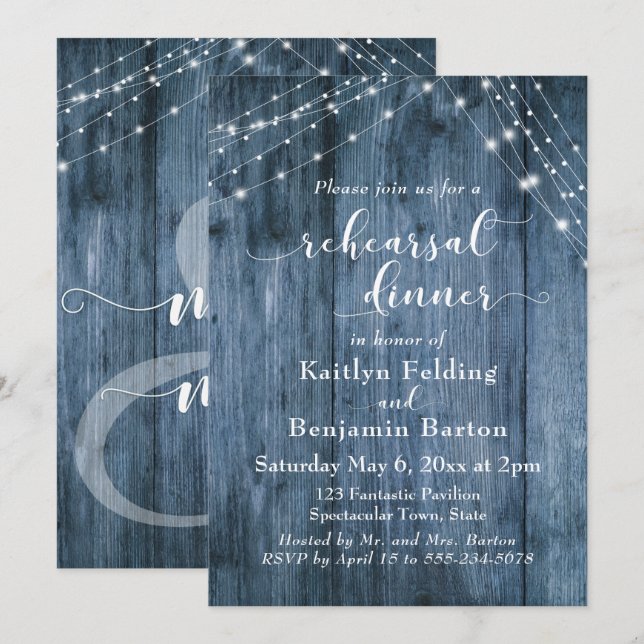 Rustic Blue Wood & Light Strings Rehearsal Dinner Invitation (Front/Back)