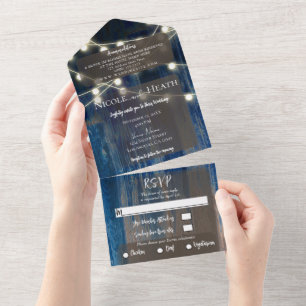Rustic Blue Wood & Lights Barn Wedding    All In One Invitation