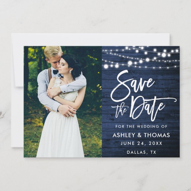 Rustic Blue Wood Lights Brush Script Photo Save The Date (Front)