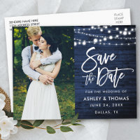 Rustic Blue Wood Lights Brush Script Save The Date