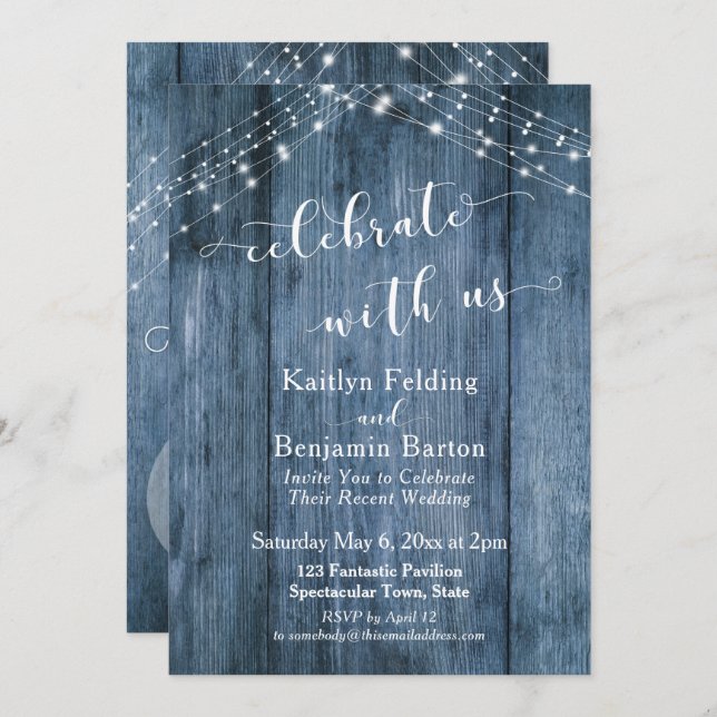 Rustic Blue Wood & Lights Celebrate with Us Invitation (Front/Back)