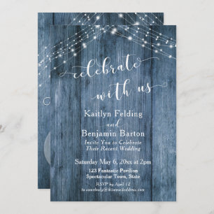 Rustic Blue Wood & Lights Celebrate with Us Invitation