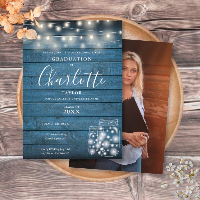 Rustic Blue Wood Lights Graduation Party Photo Invitation (Creator Uploaded)